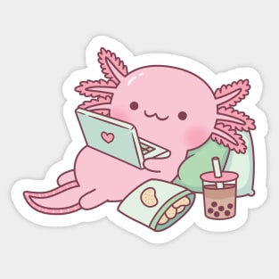 Cute Axolotl Chilling with Laptop And Snacks Sticker